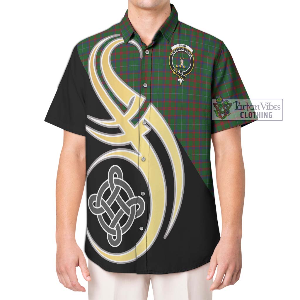 Shaw of Tordarroch Green Hunting Tartan Short Sleeve Button Shirt with Family Crest and Celtic Symbol Style Kid - Tartan Vibes Clothing