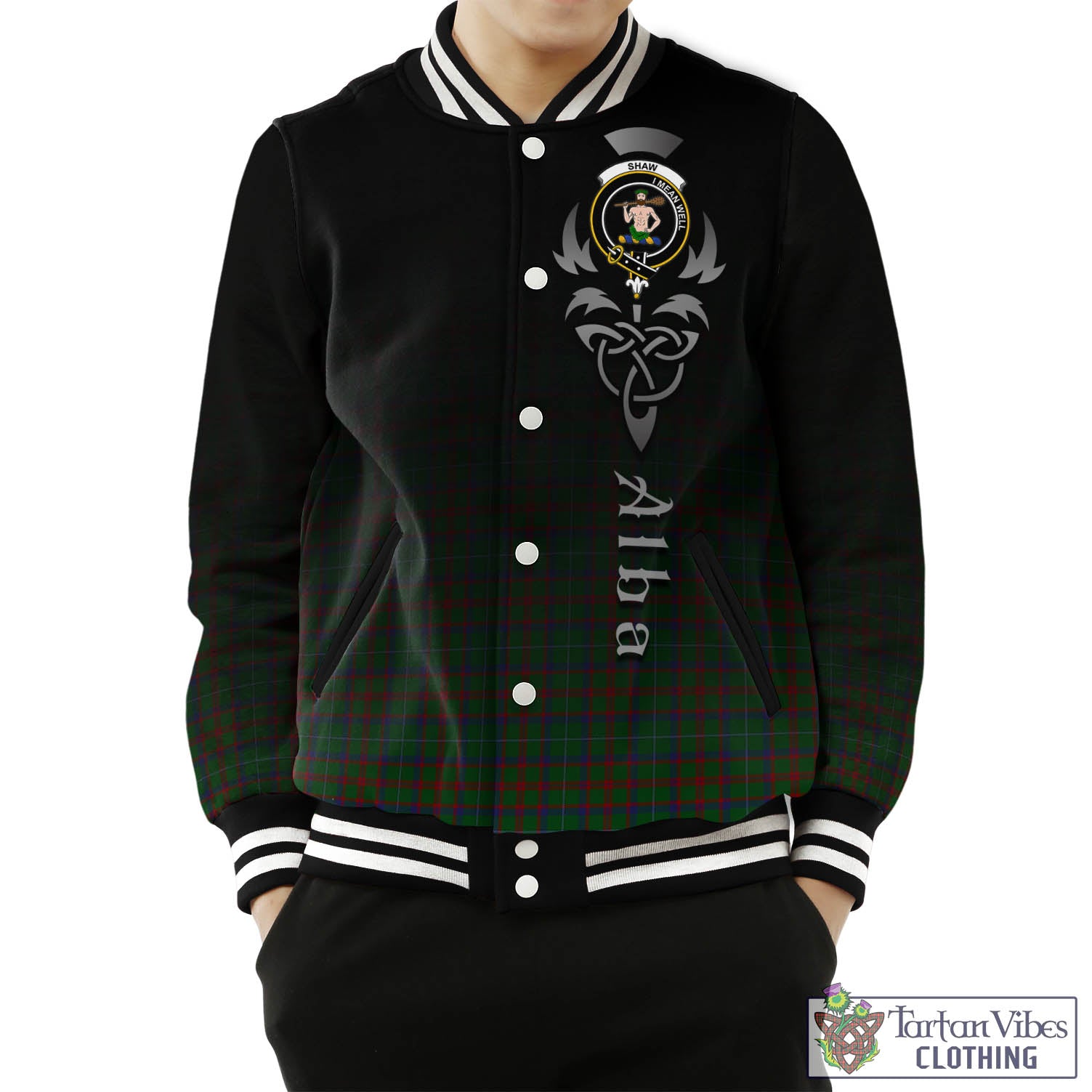 Tartan Vibes Clothing Shaw of Tordarroch Green Hunting Tartan Baseball Jacket Featuring Alba Gu Brath Family Crest Celtic Inspired