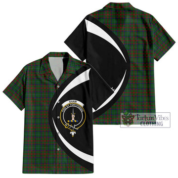 Shaw of Tordarroch Green Hunting Tartan Short Sleeve Button Up with Family Crest Circle Style