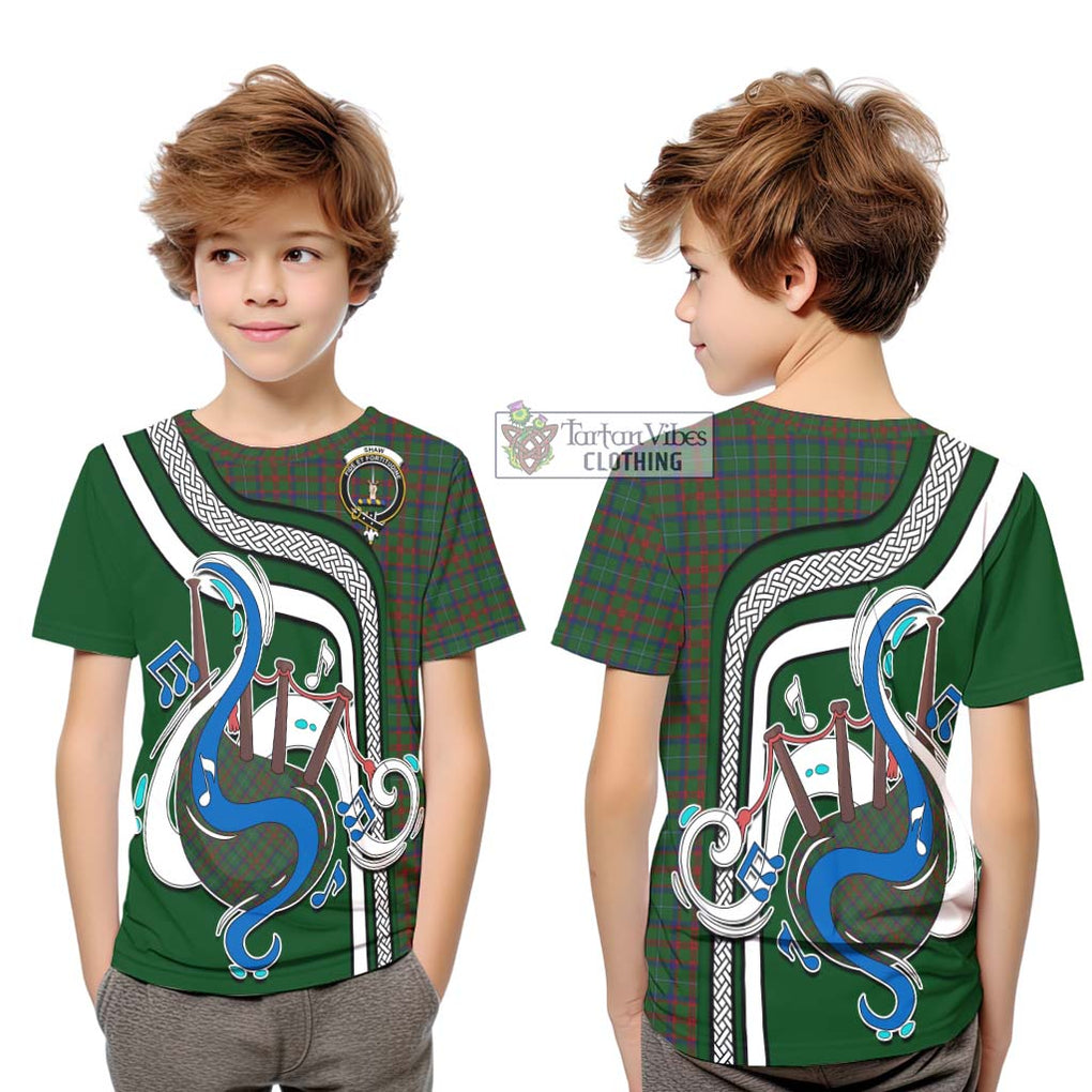 Tartan Vibes Clothing Shaw of Tordarroch Green Hunting Tartan Kid T-Shirt with Epic Bagpipe Style