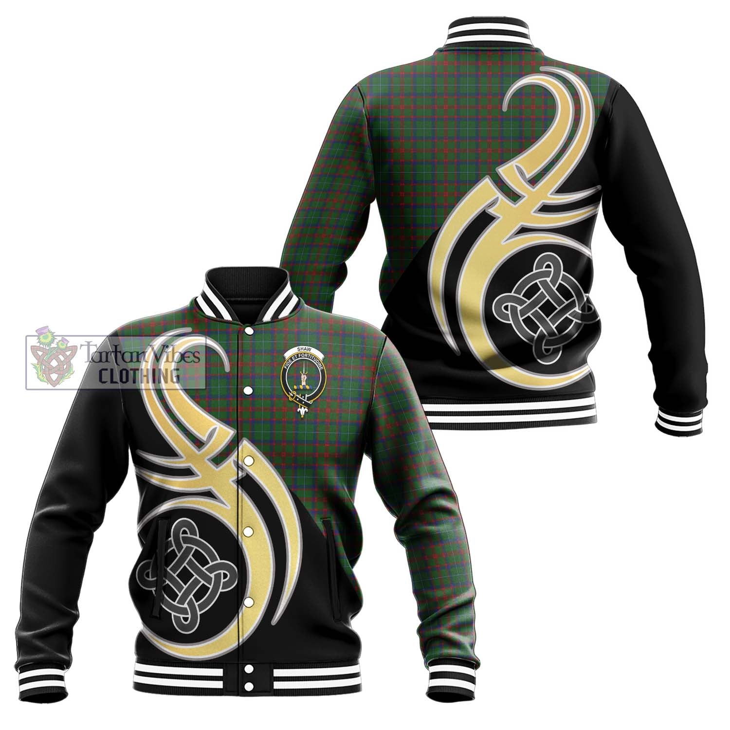 Shaw of Tordarroch Green Hunting Tartan Baseball Jacket with Family Crest and Celtic Symbol Style Unisex - Tartan Vibes Clothing