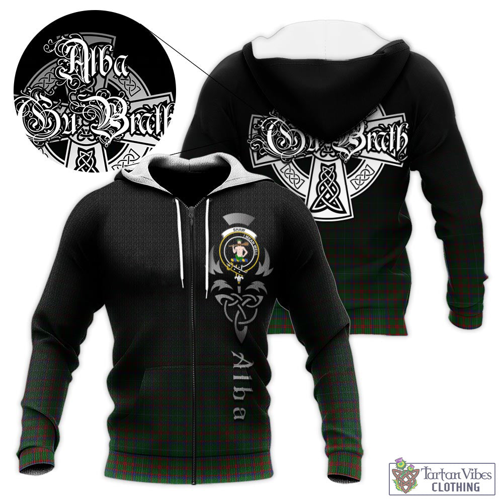 Tartan Vibes Clothing Shaw of Tordarroch Green Hunting Tartan Knitted Hoodie Featuring Alba Gu Brath Family Crest Celtic Inspired