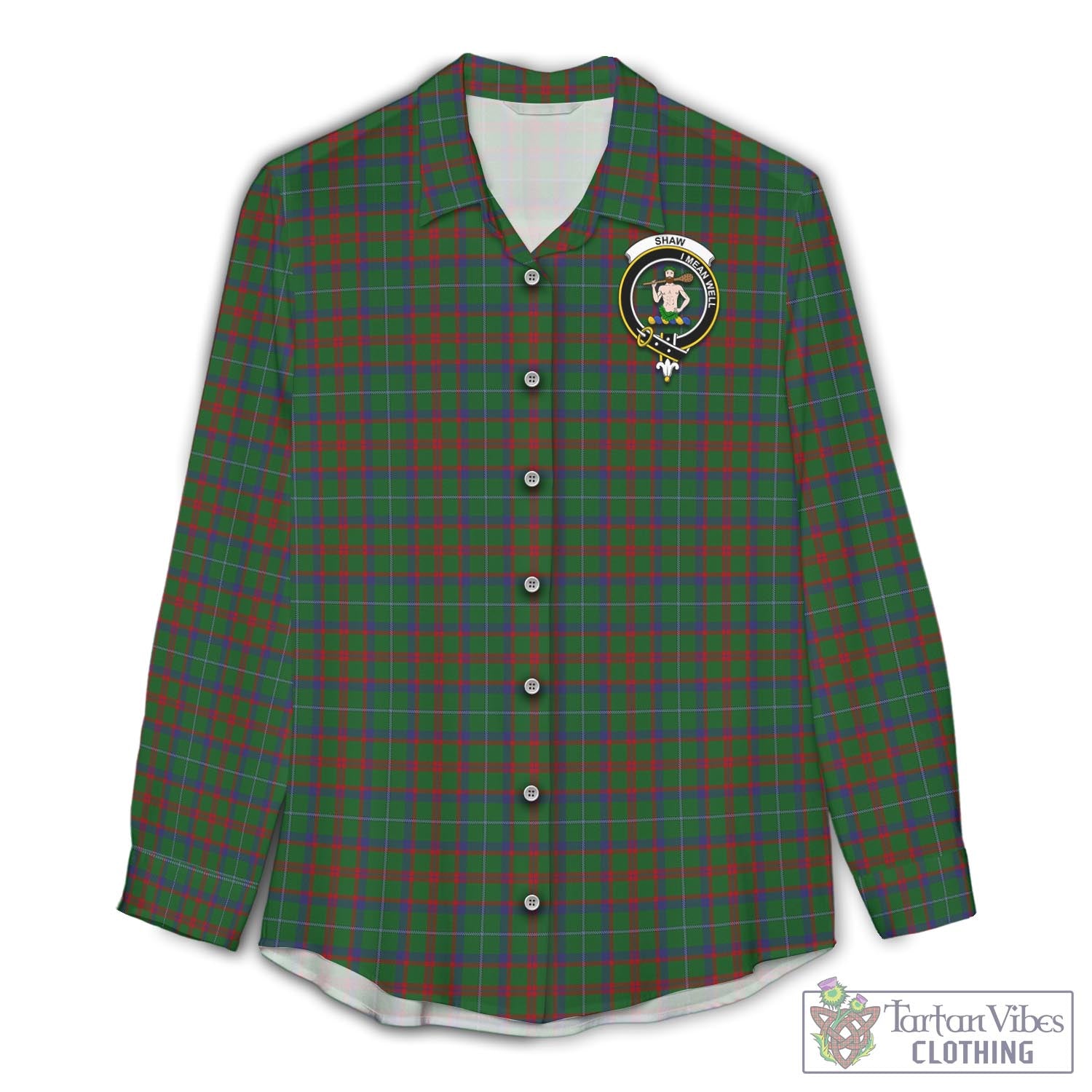 Tartan Vibes Clothing Shaw of Tordarroch Green Hunting Tartan Womens Casual Shirt with Family Crest