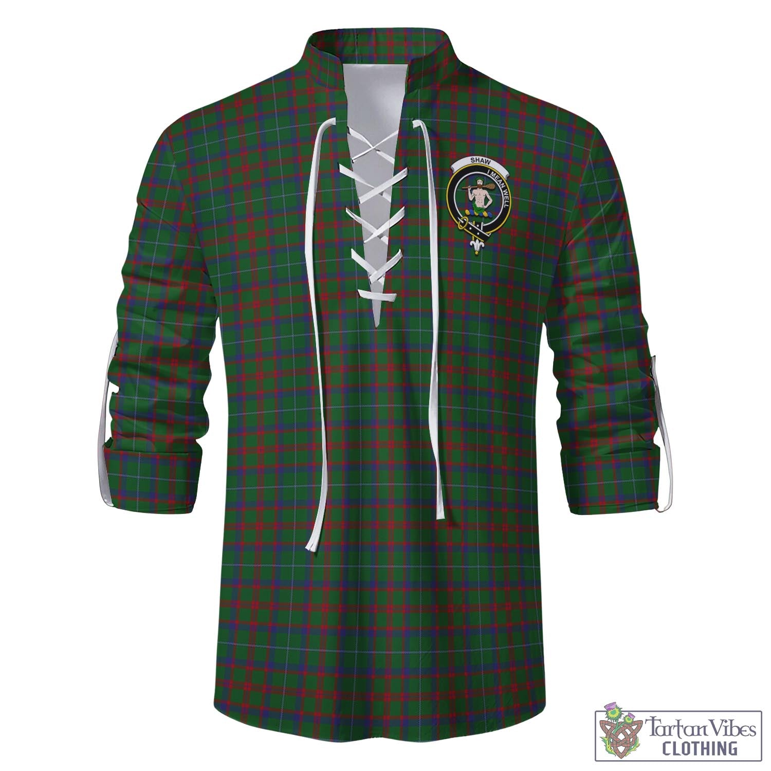 Tartan Vibes Clothing Shaw of Tordarroch Green Hunting Tartan Men's Scottish Traditional Jacobite Ghillie Kilt Shirt with Family Crest