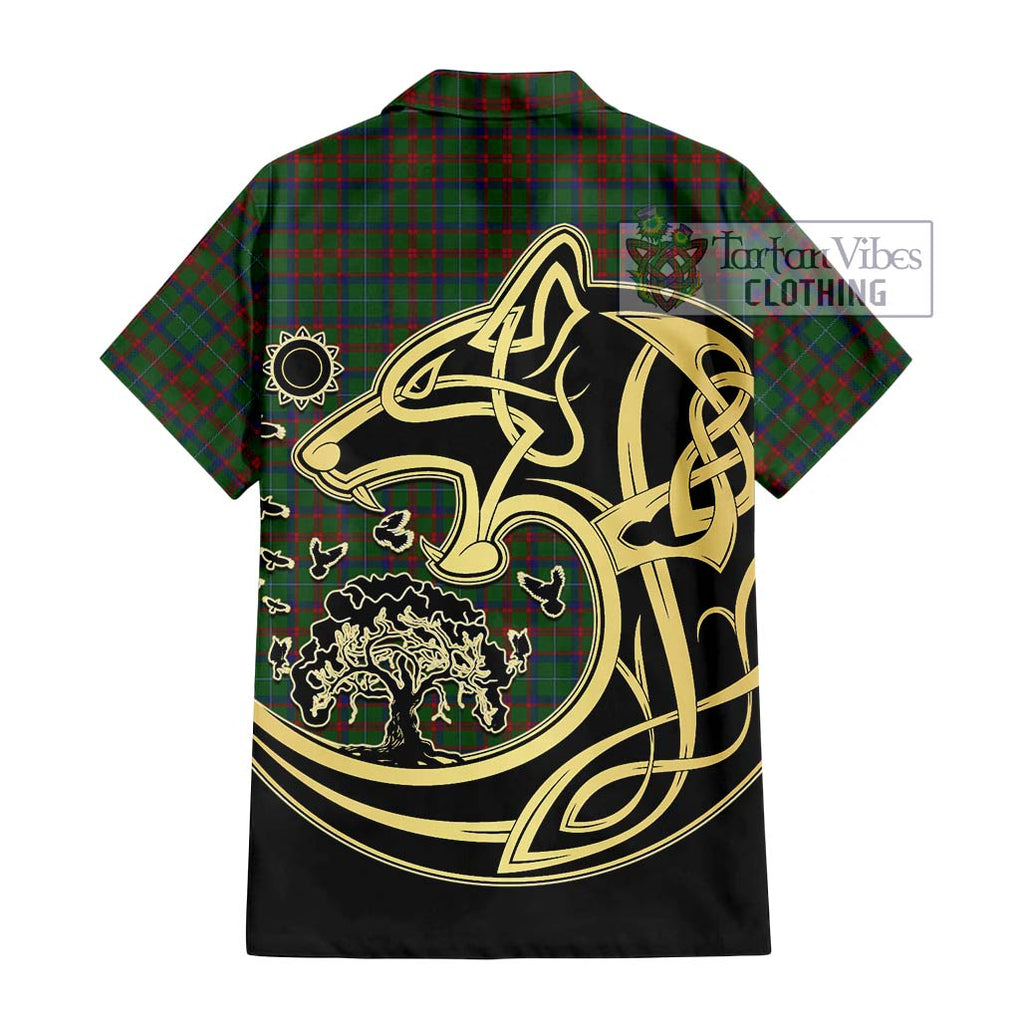 Shaw of Tordarroch Green Hunting Tartan Short Sleeve Button Shirt with Family Crest Celtic Wolf Style - Tartan Vibes Clothing