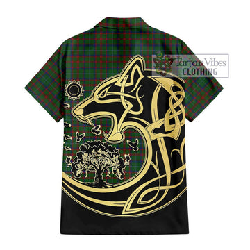 Shaw of Tordarroch Green Hunting Tartan Short Sleeve Button Shirt with Family Crest Celtic Wolf Style