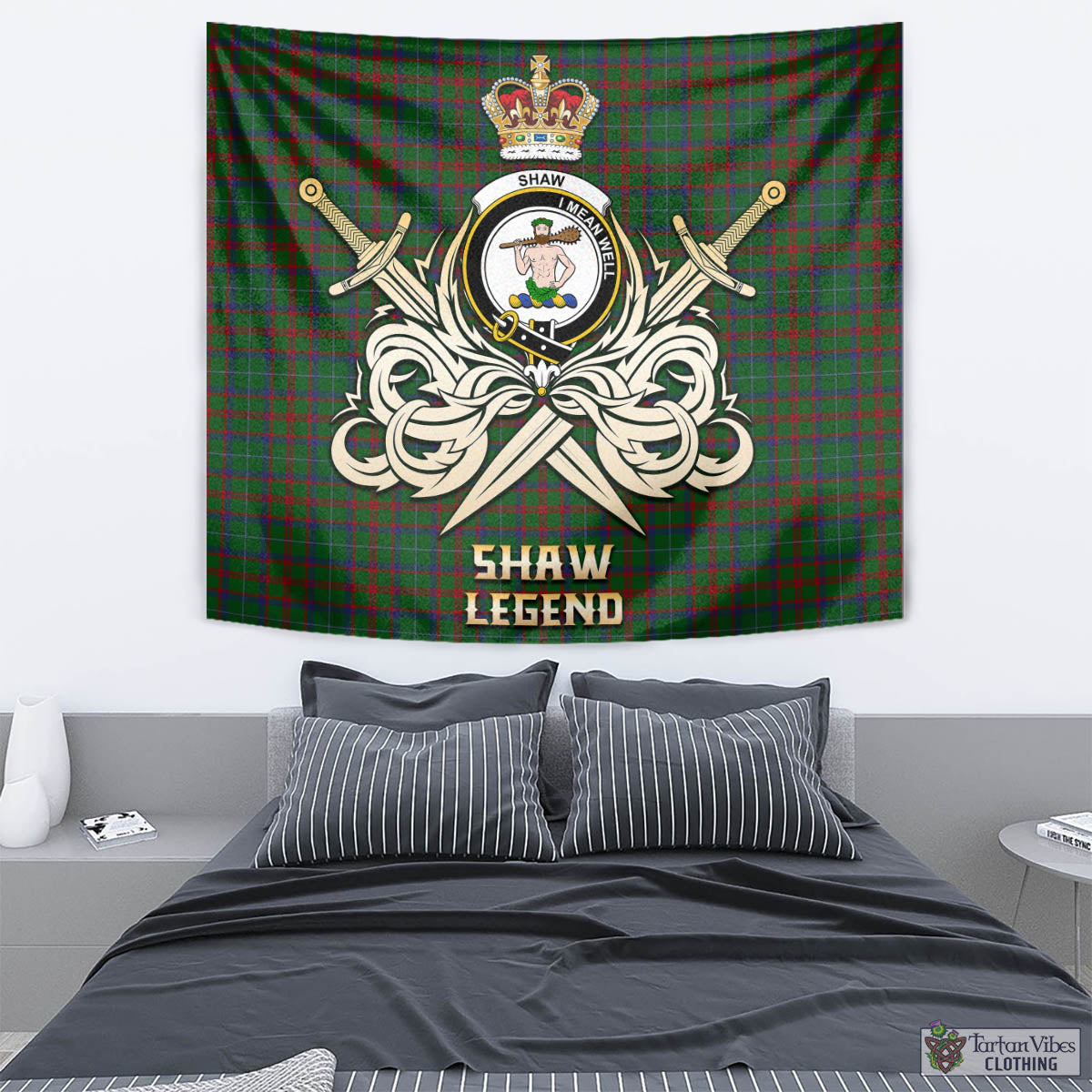 Tartan Vibes Clothing Shaw of Tordarroch Green Hunting Tartan Tapestry with Clan Crest and the Golden Sword of Courageous Legacy