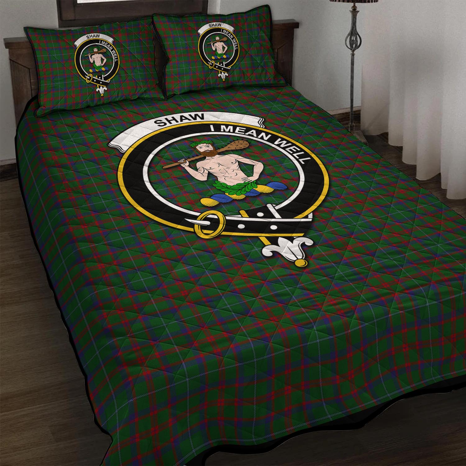 Shaw of Tordarroch Green Hunting Tartan Quilt Bed Set with Family Crest - Tartan Vibes Clothing