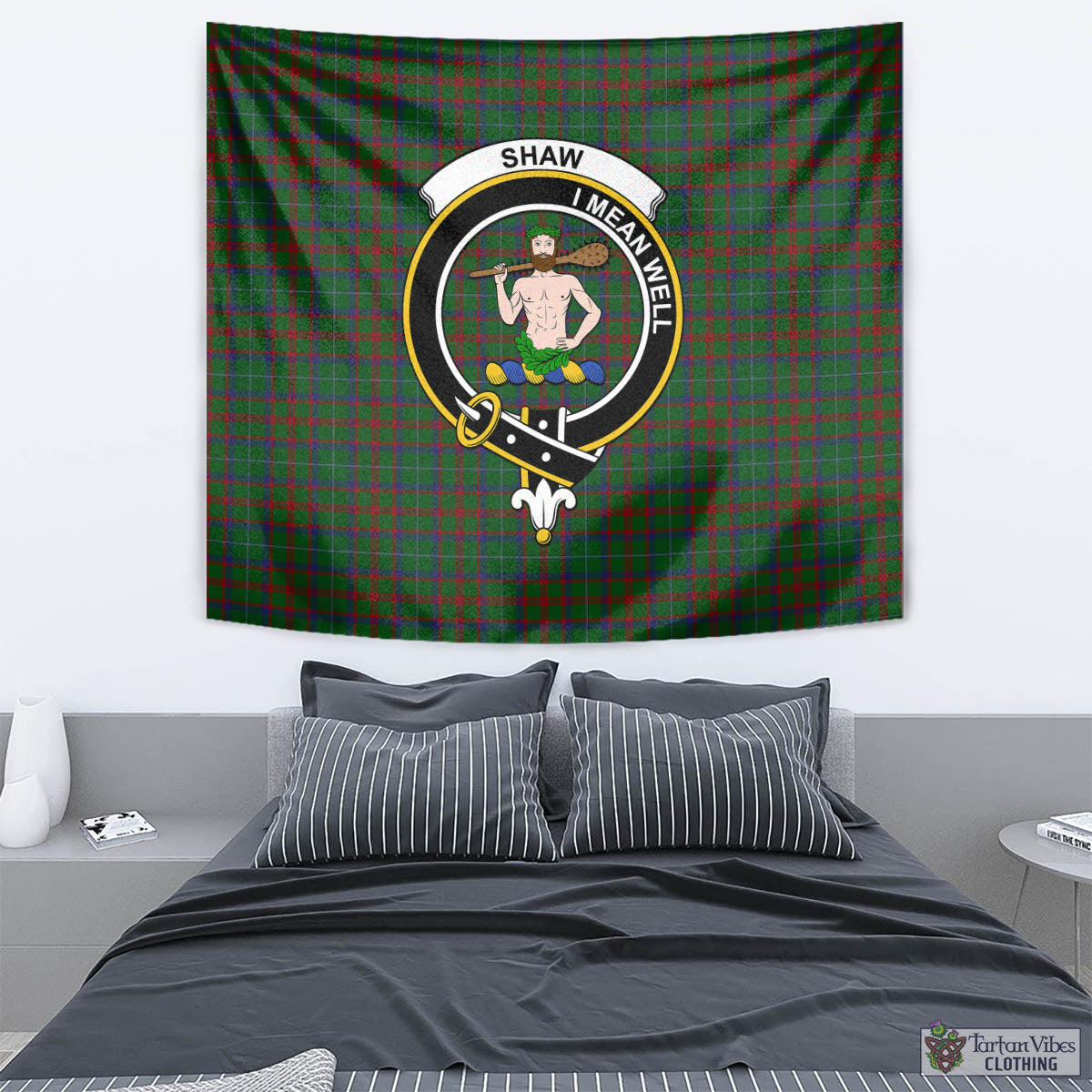 Tartan Vibes Clothing Shaw of Tordarroch Green Hunting Tartan Tapestry Wall Hanging and Home Decor for Room with Family Crest