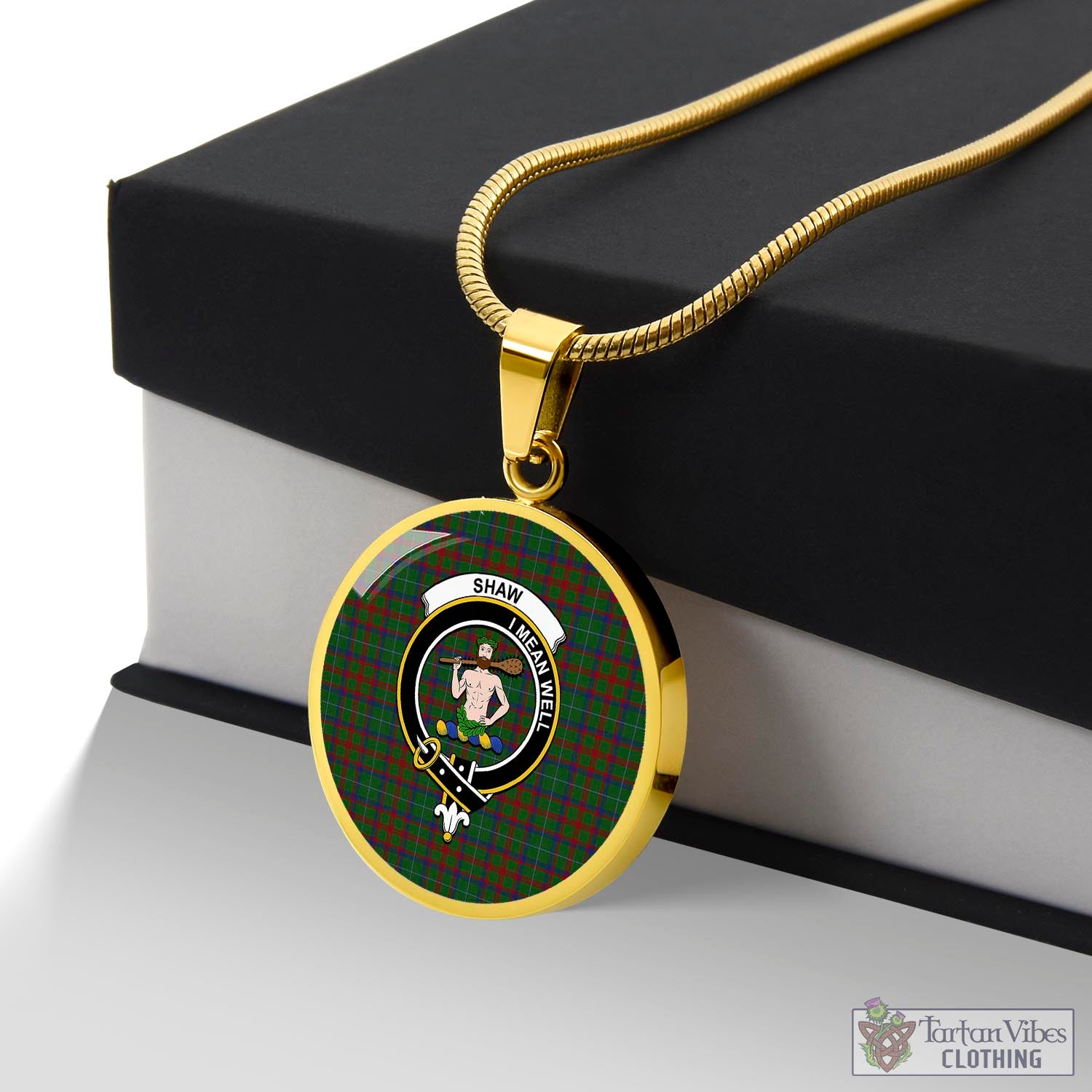 Tartan Vibes Clothing Shaw of Tordarroch Green Hunting Tartan Circle Necklace with Family Crest