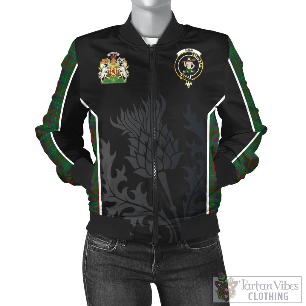 Tartan Vibes Clothing Shaw of Tordarroch Green Hunting Tartan Bomber Jacket with Family Crest and Scottish Thistle Vibes Sport Style