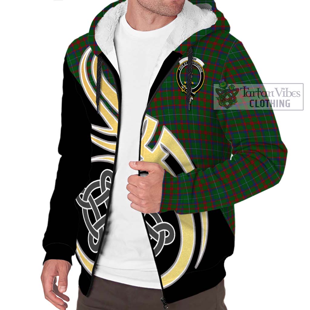 Shaw of Tordarroch Green Hunting Tartan Sherpa Hoodie with Family Crest and Celtic Symbol Style - Tartan Vibes Clothing