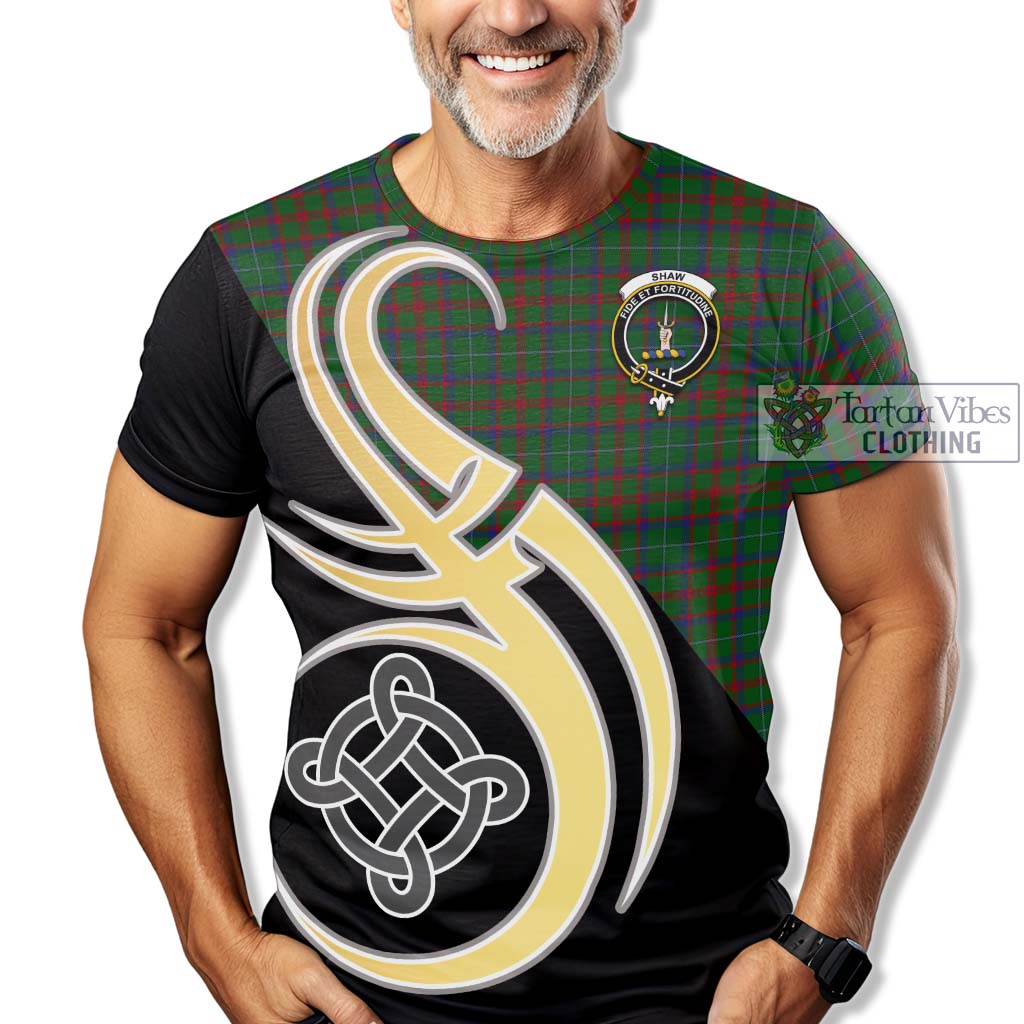 Tartan Vibes Clothing Shaw of Tordarroch Green Hunting Tartan T-Shirt with Family Crest and Celtic Symbol Style