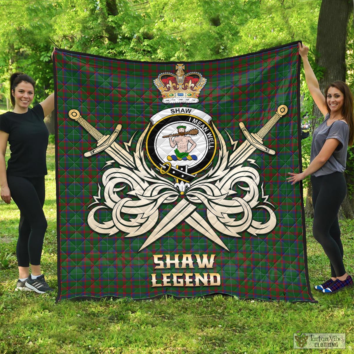 Tartan Vibes Clothing Shaw of Tordarroch Green Hunting Tartan Quilt with Clan Crest and the Golden Sword of Courageous Legacy