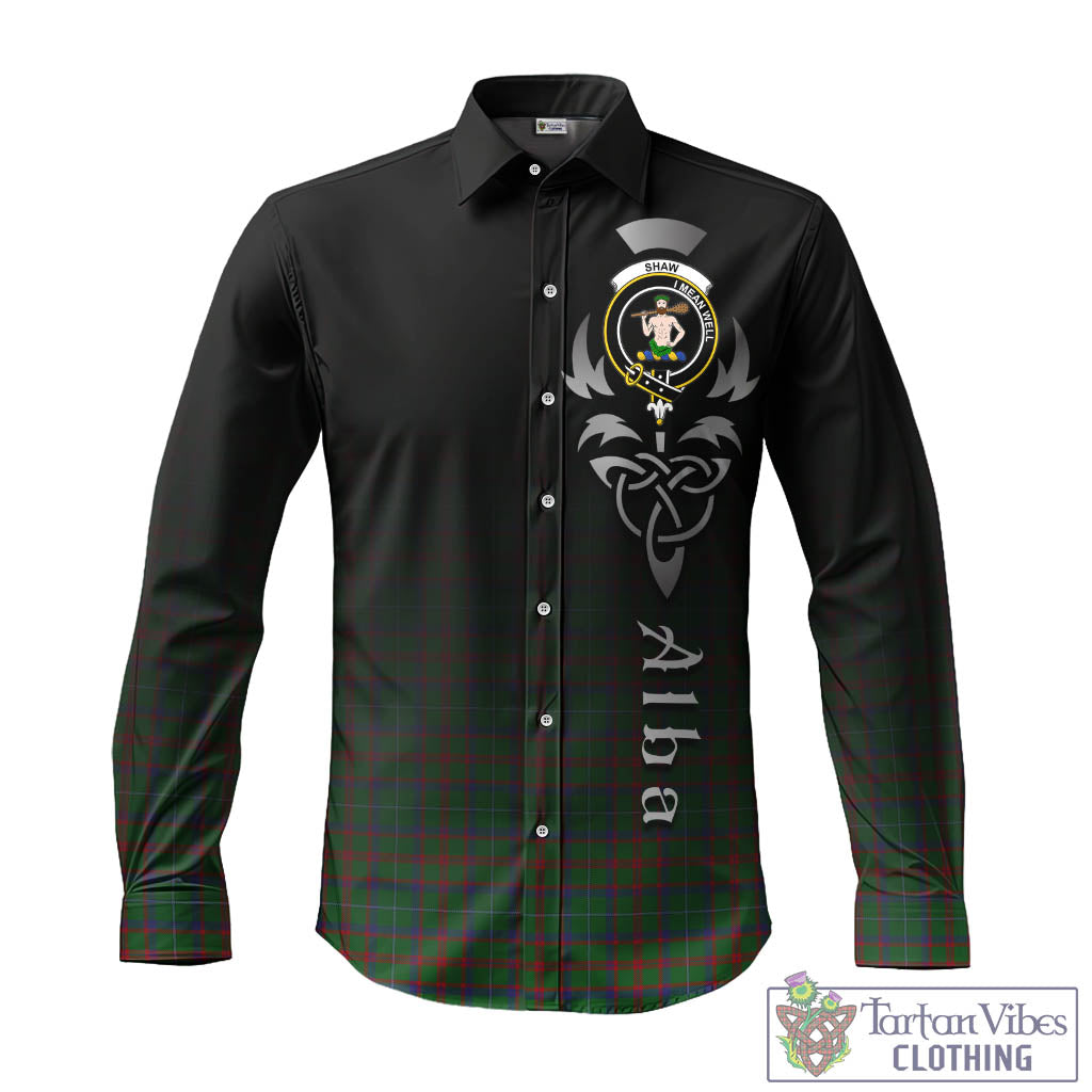 Tartan Vibes Clothing Shaw of Tordarroch Green Hunting Tartan Long Sleeve Button Up Featuring Alba Gu Brath Family Crest Celtic Inspired