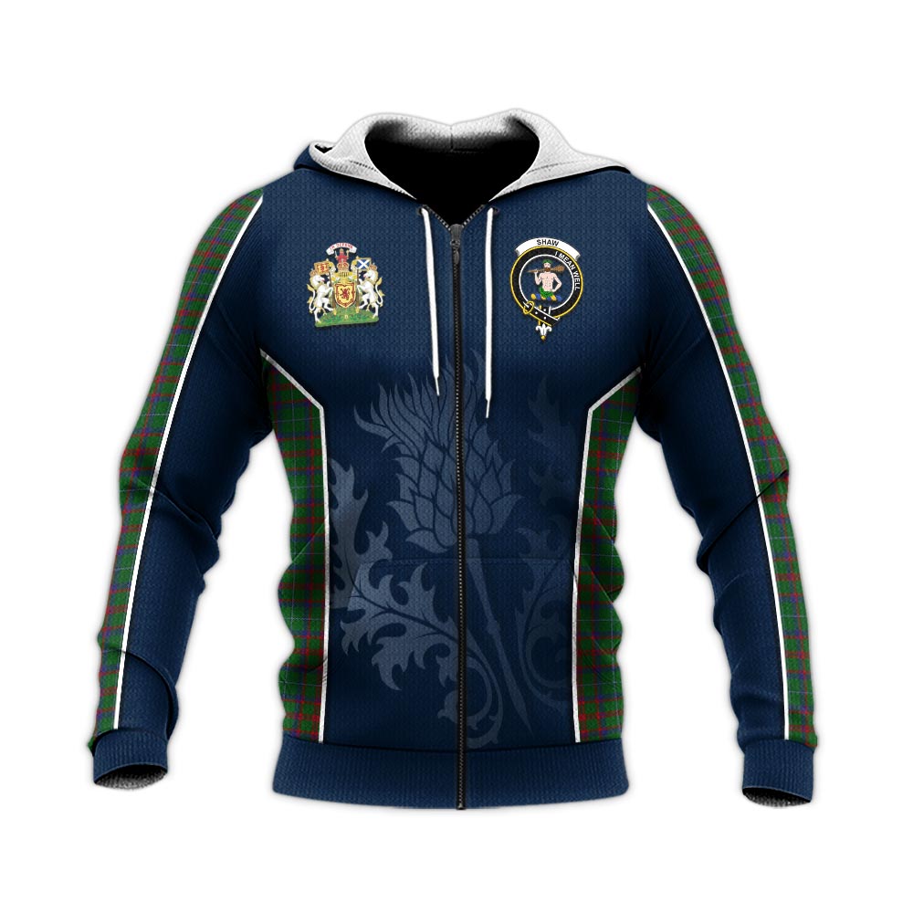 Tartan Vibes Clothing Shaw of Tordarroch Green Hunting Tartan Knitted Hoodie with Family Crest and Scottish Thistle Vibes Sport Style