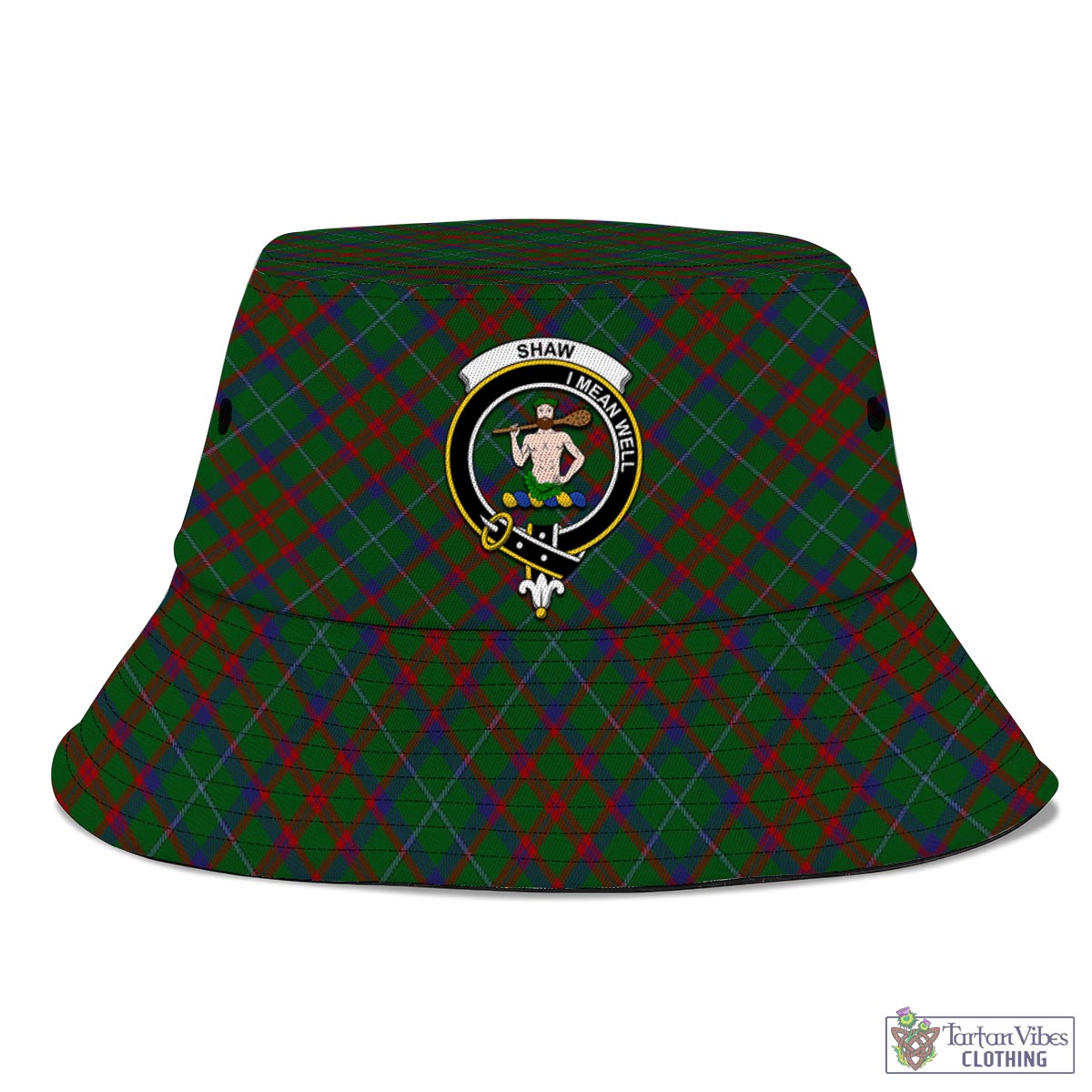 Tartan Vibes Clothing Shaw of Tordarroch Green Hunting Tartan Bucket Hat with Family Crest