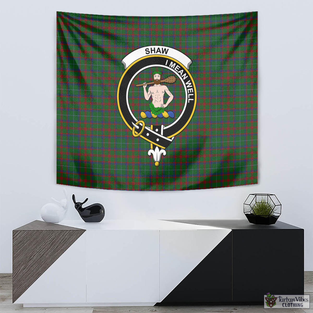 Tartan Vibes Clothing Shaw of Tordarroch Green Hunting Tartan Tapestry Wall Hanging and Home Decor for Room with Family Crest