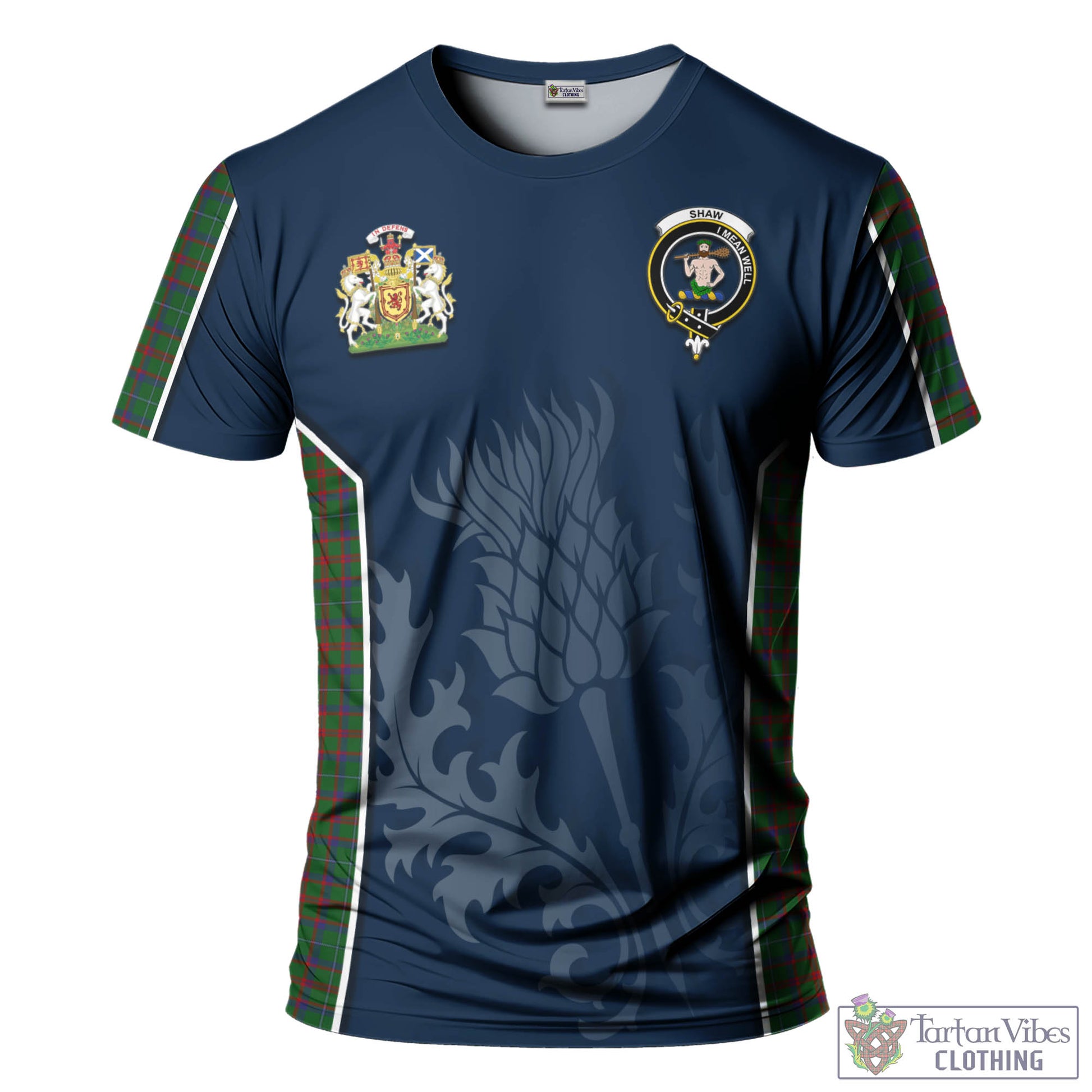 Tartan Vibes Clothing Shaw of Tordarroch Green Hunting Tartan T-Shirt with Family Crest and Scottish Thistle Vibes Sport Style