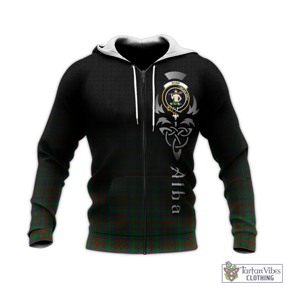 Tartan Vibes Clothing Shaw of Tordarroch Green Hunting Tartan Knitted Hoodie Featuring Alba Gu Brath Family Crest Celtic Inspired