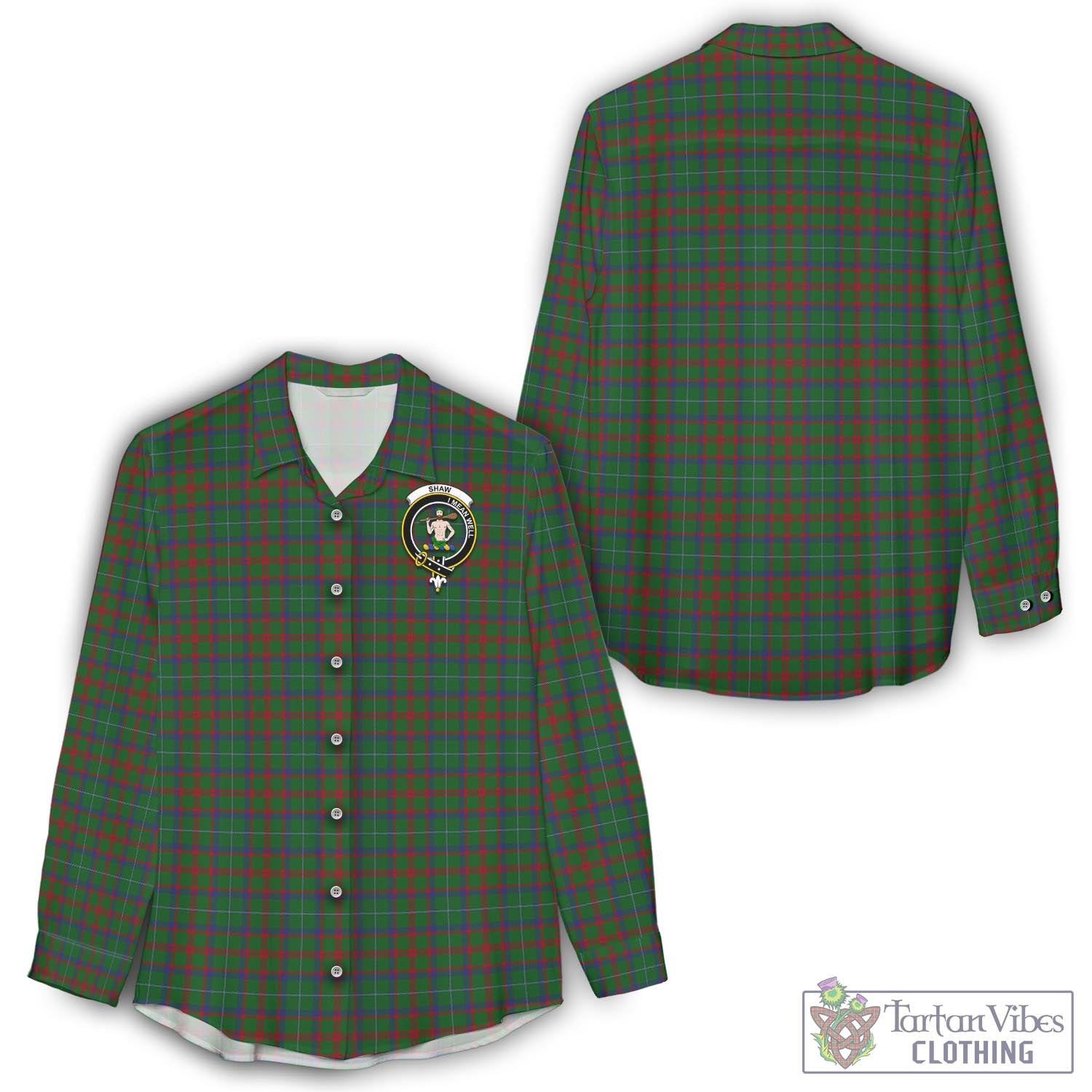 Tartan Vibes Clothing Shaw of Tordarroch Green Hunting Tartan Womens Casual Shirt with Family Crest