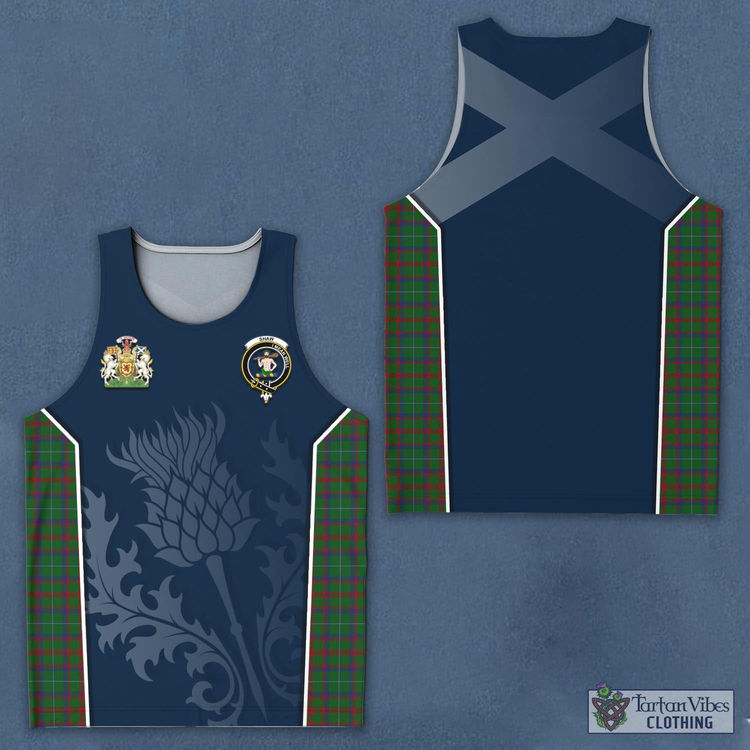 Tartan Vibes Clothing Shaw of Tordarroch Green Hunting Tartan Men's Tanks Top with Family Crest and Scottish Thistle Vibes Sport Style