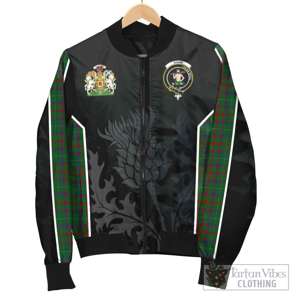 Tartan Vibes Clothing Shaw of Tordarroch Green Hunting Tartan Bomber Jacket with Family Crest and Scottish Thistle Vibes Sport Style