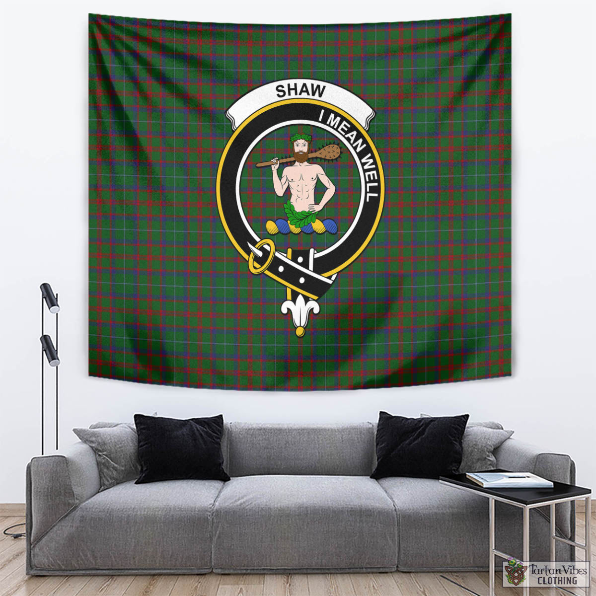 Tartan Vibes Clothing Shaw of Tordarroch Green Hunting Tartan Tapestry Wall Hanging and Home Decor for Room with Family Crest