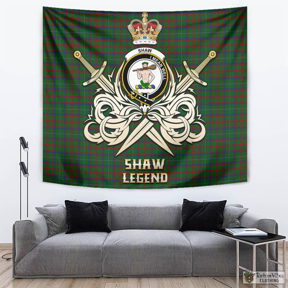 Tartan Vibes Clothing Shaw of Tordarroch Green Hunting Tartan Tapestry with Clan Crest and the Golden Sword of Courageous Legacy