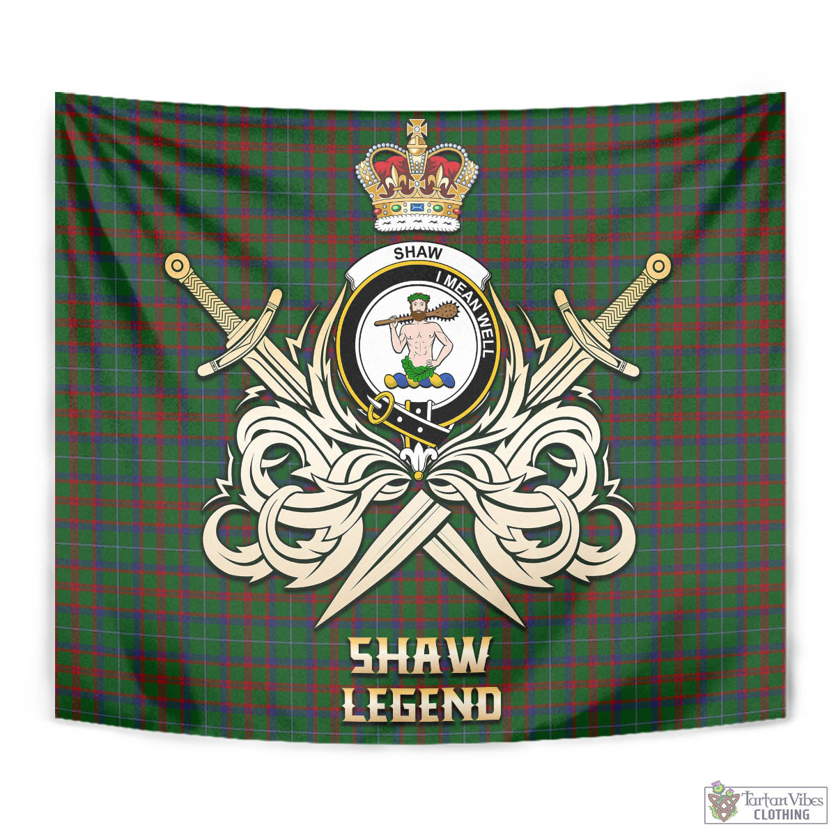 Tartan Vibes Clothing Shaw of Tordarroch Green Hunting Tartan Tapestry with Clan Crest and the Golden Sword of Courageous Legacy