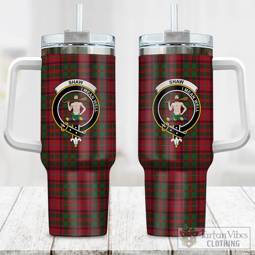 Tartan Vibes Clothing Shaw of Tordarroch Red Dress Tartan and Family Crest Tumbler with Handle