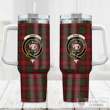 Shaw of Tordarroch Red Dress Tartan Tumbler with Handle with Family Crest