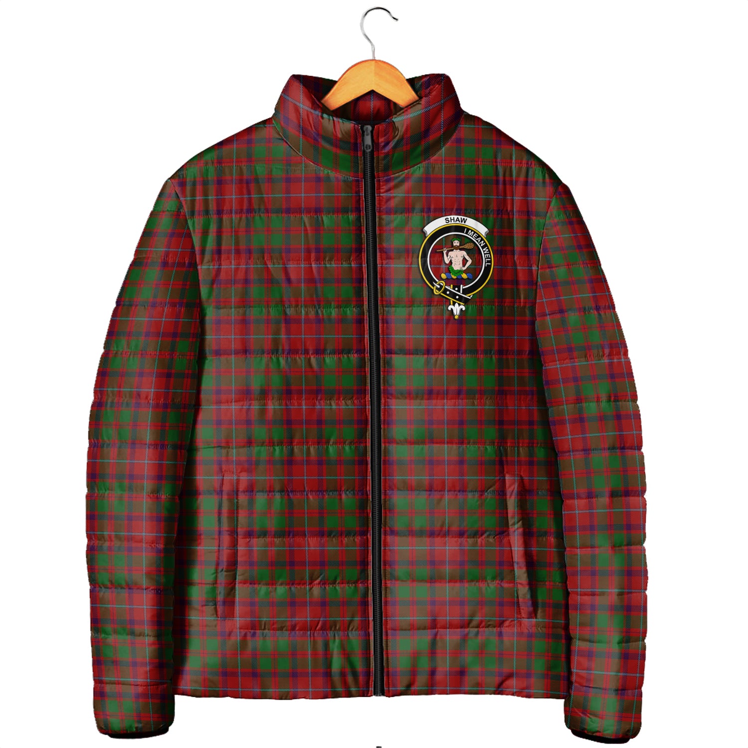 Shaw of Tordarroch Red Dress Tartan Padded Jacket with Family Crest Men's Padded Jacket - Tartan Vibes Clothing