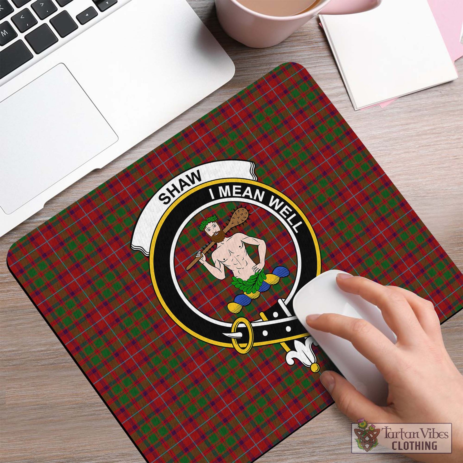 Tartan Vibes Clothing Shaw of Tordarroch Red Dress Tartan Mouse Pad with Family Crest