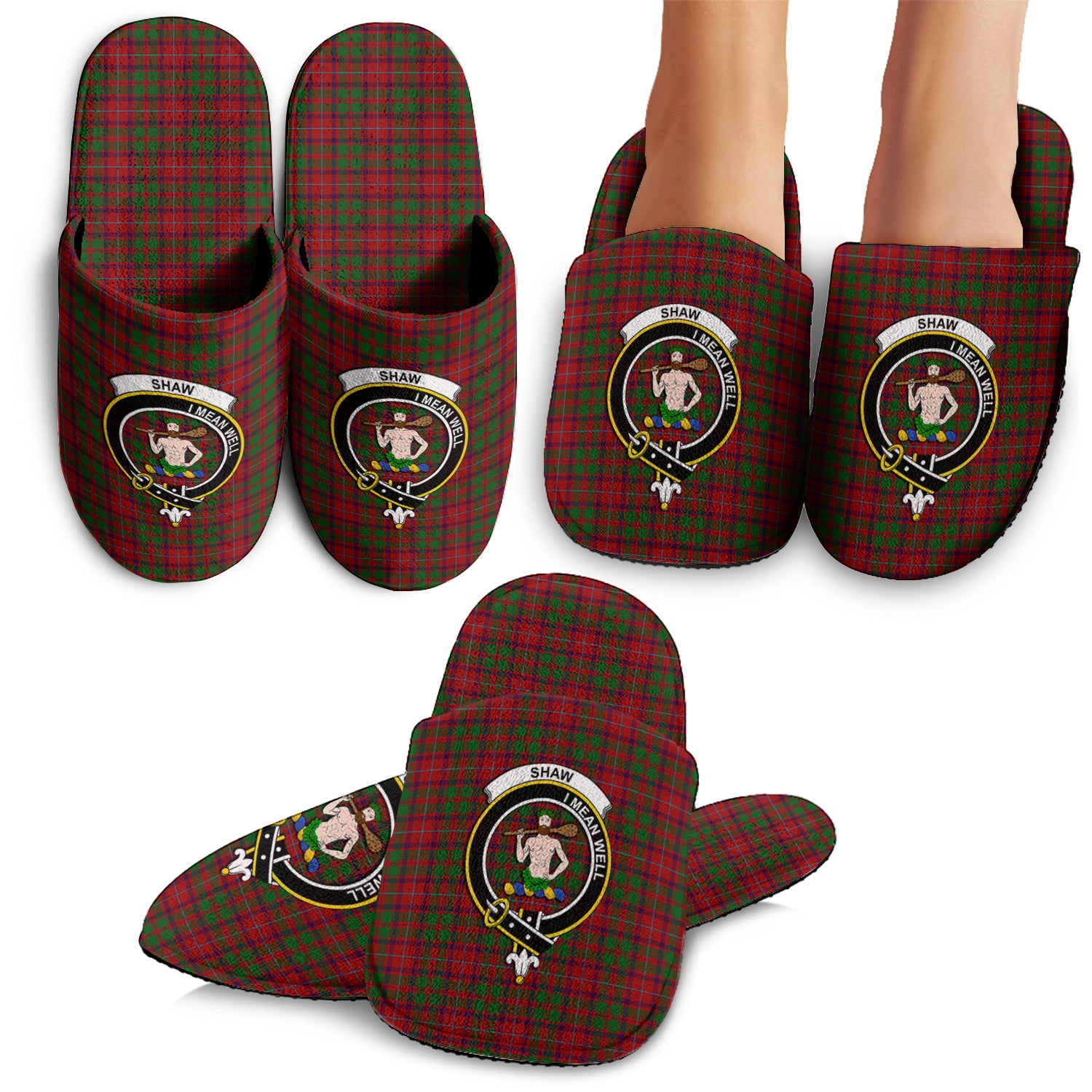 Shaw of Tordarroch Red Dress Tartan Home Slippers with Family Crest - Tartan Vibes Clothing