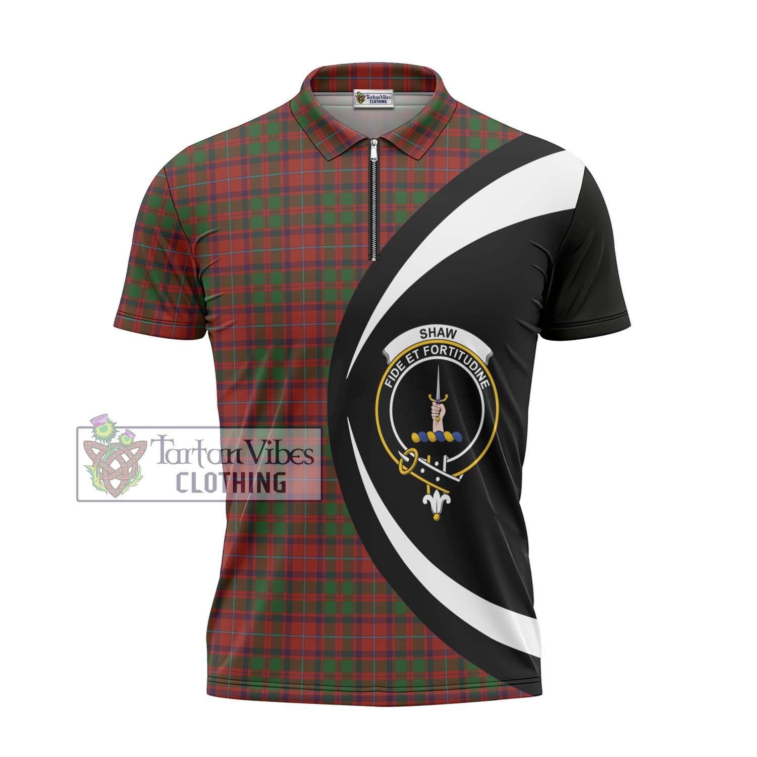 Shaw of Tordarroch Red Dress Tartan Zipper Polo Shirt with Family Crest Circle Style - Tartan Vibes Clothing