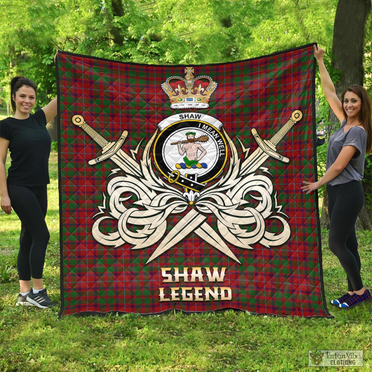 Tartan Vibes Clothing Shaw of Tordarroch Red Dress Tartan Quilt with Clan Crest and the Golden Sword of Courageous Legacy