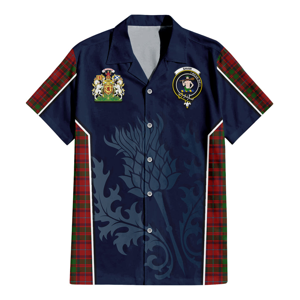 Tartan Vibes Clothing Shaw of Tordarroch Red Dress Tartan Short Sleeve Button Up Shirt with Family Crest and Scottish Thistle Vibes Sport Style