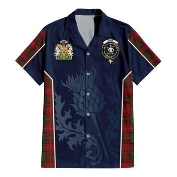 Shaw of Tordarroch Red Dress Tartan Short Sleeve Button Up Shirt with Family Crest and Scottish Thistle Vibes Sport Style