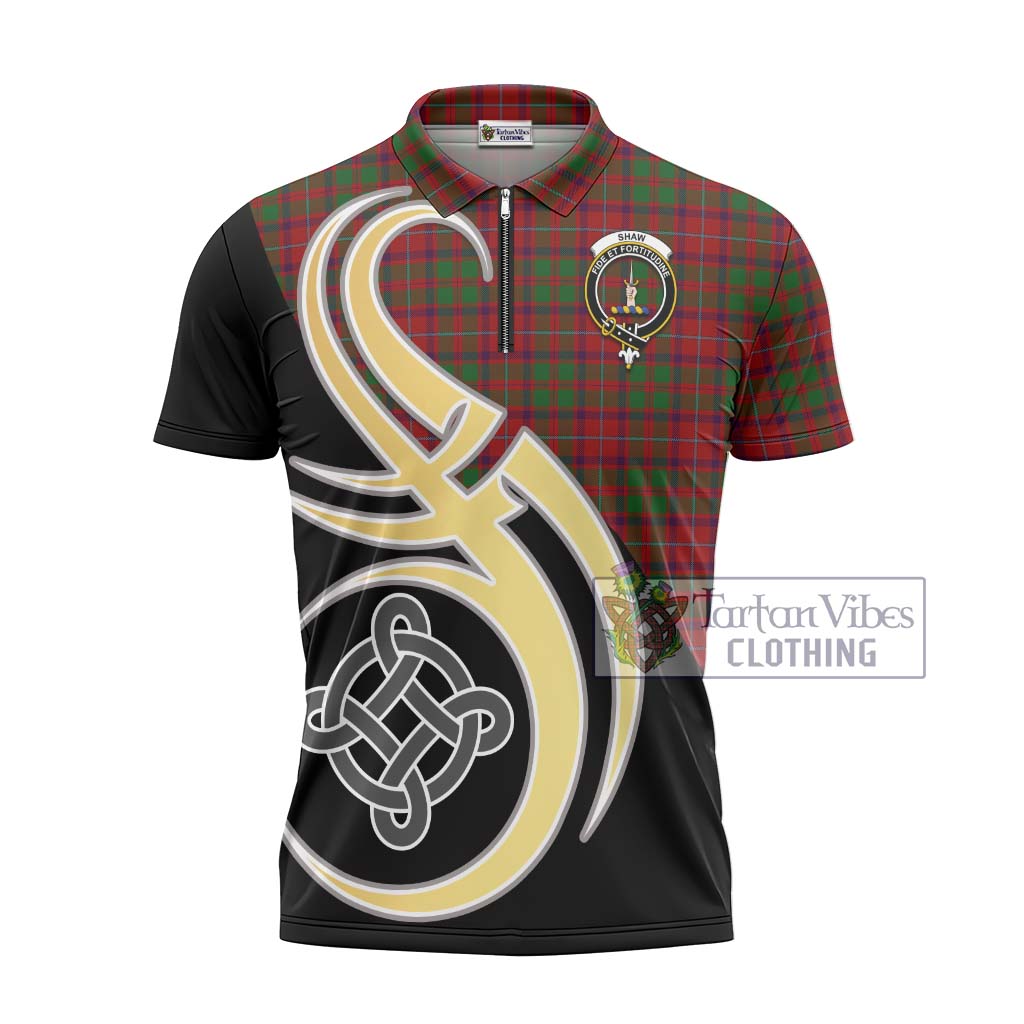 Tartan Vibes Clothing Shaw of Tordarroch Red Dress Tartan Zipper Polo Shirt with Family Crest and Celtic Symbol Style