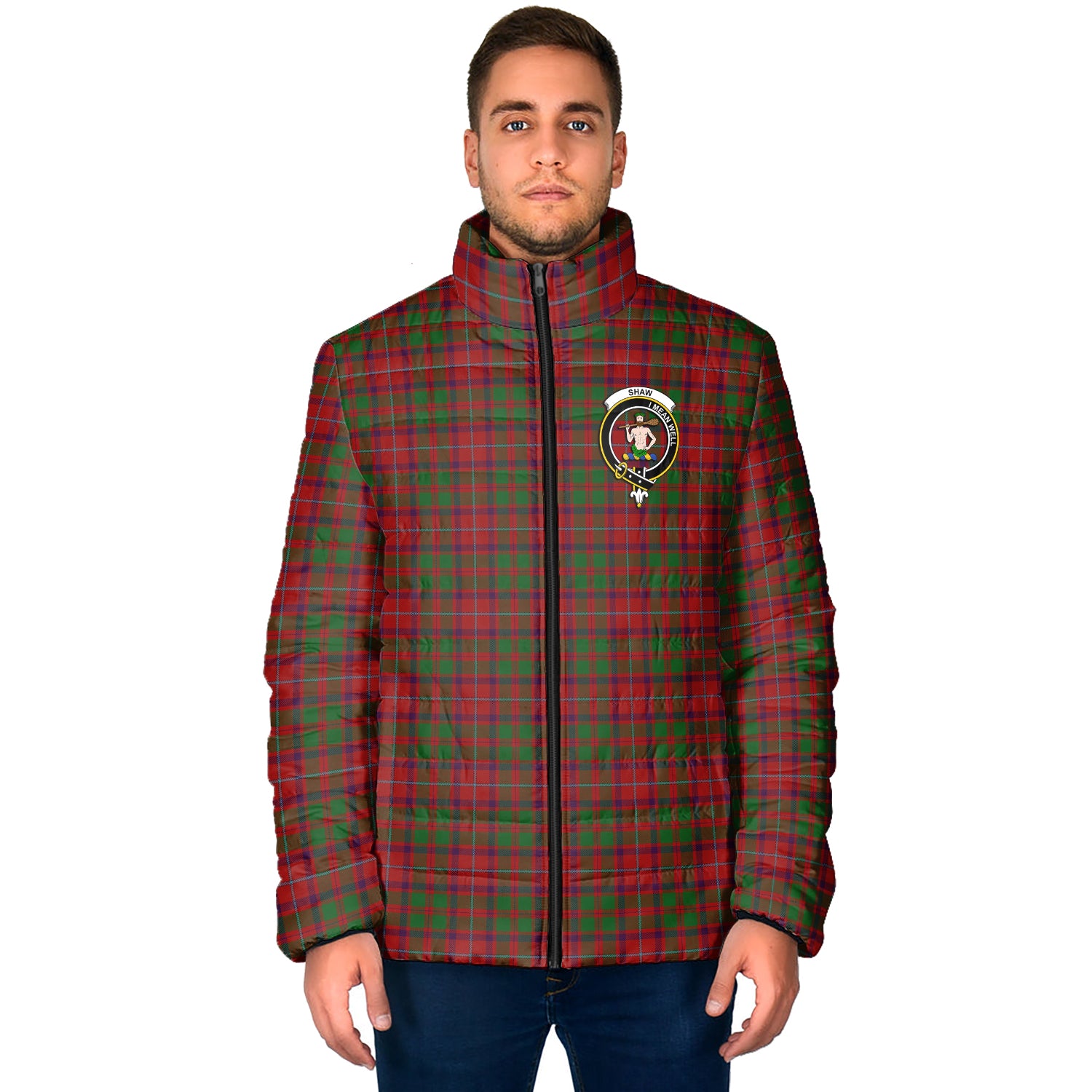 Shaw of Tordarroch Red Dress Tartan Padded Jacket with Family Crest - Tartan Vibes Clothing