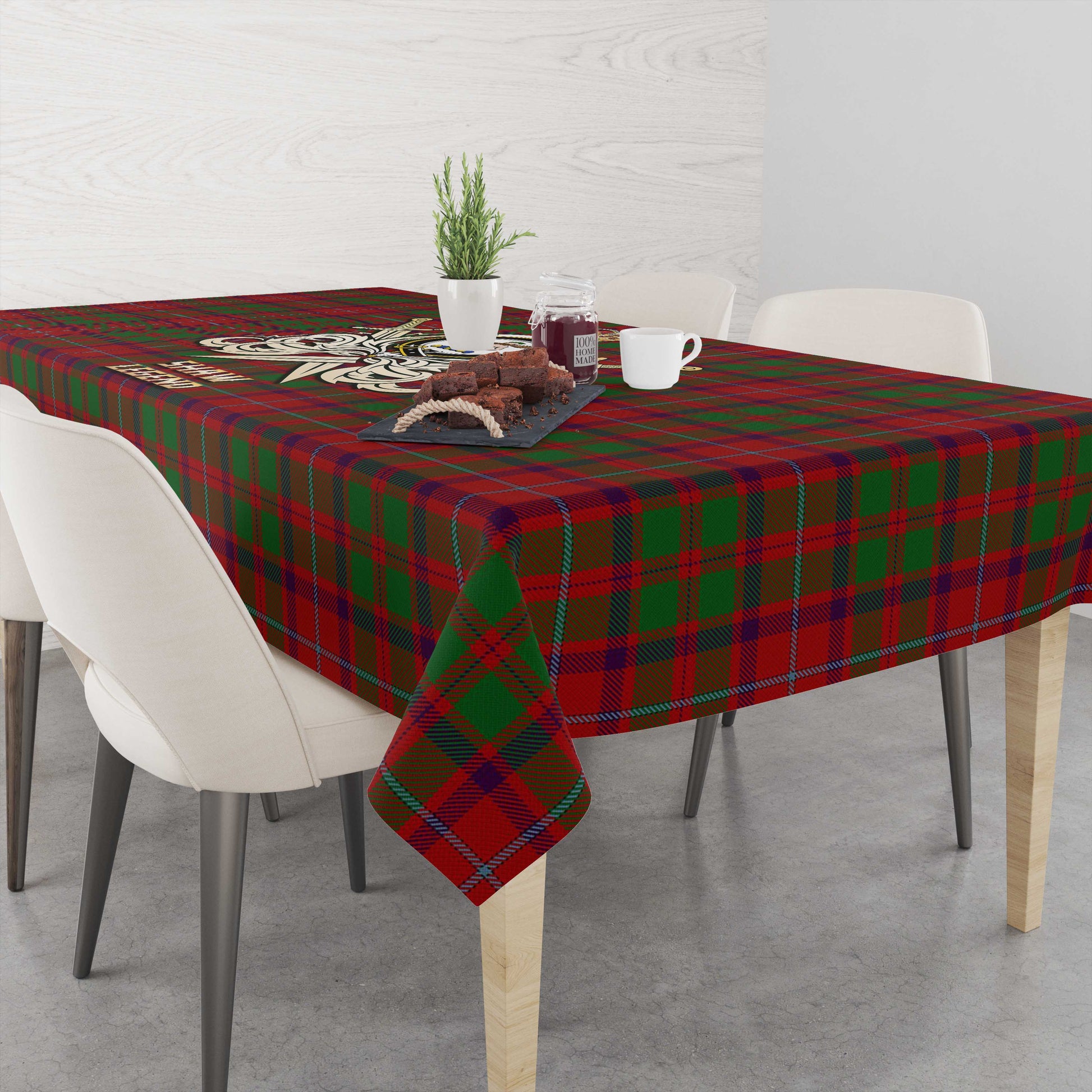 Tartan Vibes Clothing Shaw of Tordarroch Red Dress Tartan Tablecloth with Clan Crest and the Golden Sword of Courageous Legacy