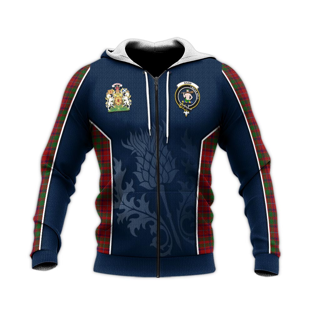 Tartan Vibes Clothing Shaw of Tordarroch Red Dress Tartan Knitted Hoodie with Family Crest and Scottish Thistle Vibes Sport Style