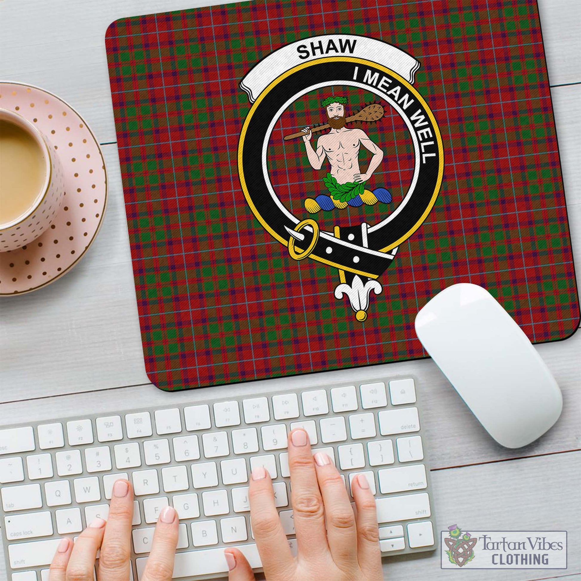 Tartan Vibes Clothing Shaw of Tordarroch Red Dress Tartan Mouse Pad with Family Crest