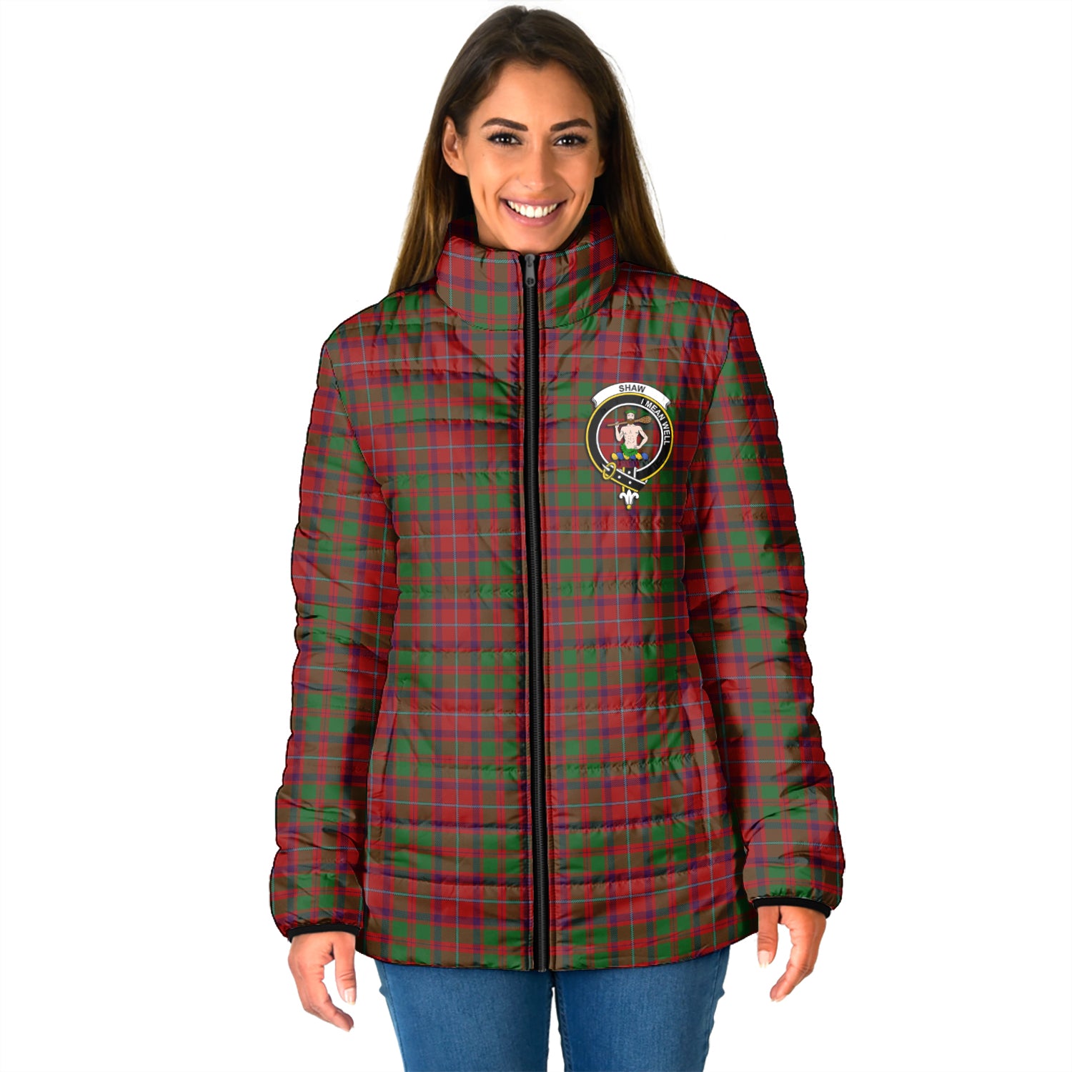 Shaw of Tordarroch Red Dress Tartan Padded Jacket with Family Crest - Tartan Vibes Clothing