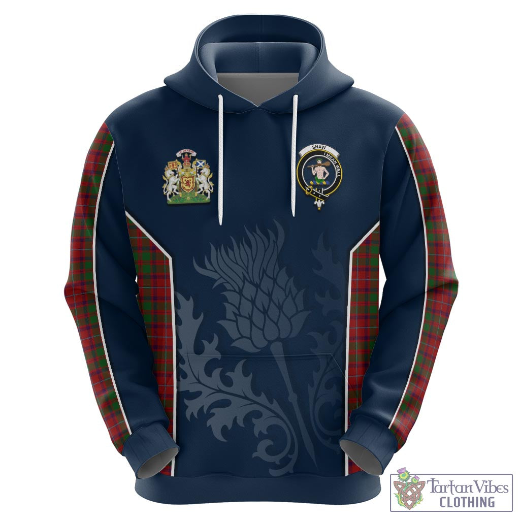 Tartan Vibes Clothing Shaw of Tordarroch Red Dress Tartan Hoodie with Family Crest and Scottish Thistle Vibes Sport Style