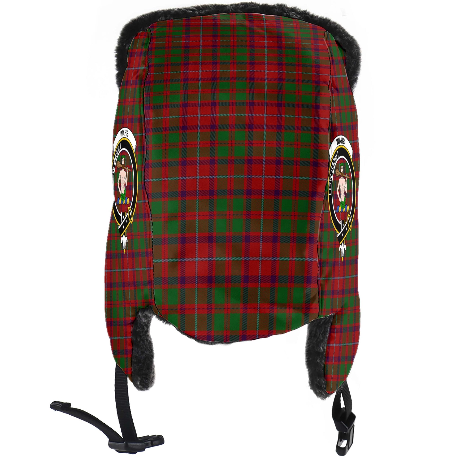 Shaw of Tordarroch Red Dress Tartan Winter Trapper Hat with Family Crest - Tartanvibesclothing