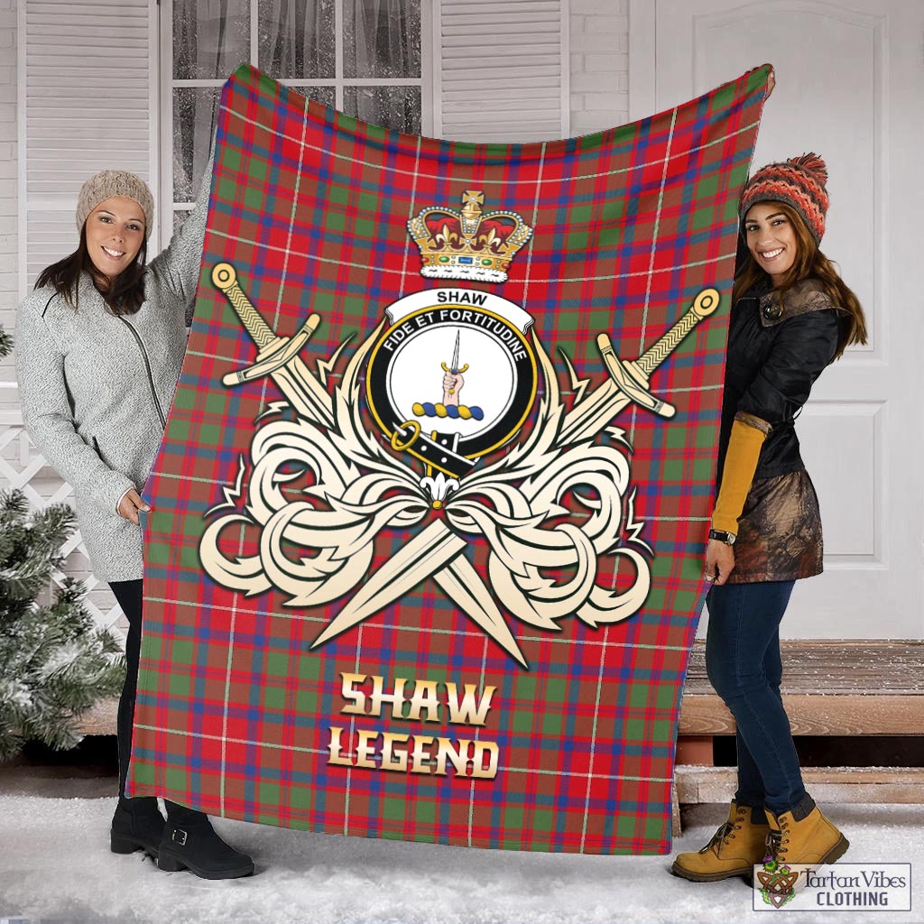 Tartan Vibes Clothing Shaw Red Modern Tartan Blanket with Clan Crest and the Golden Sword of Courageous Legacy