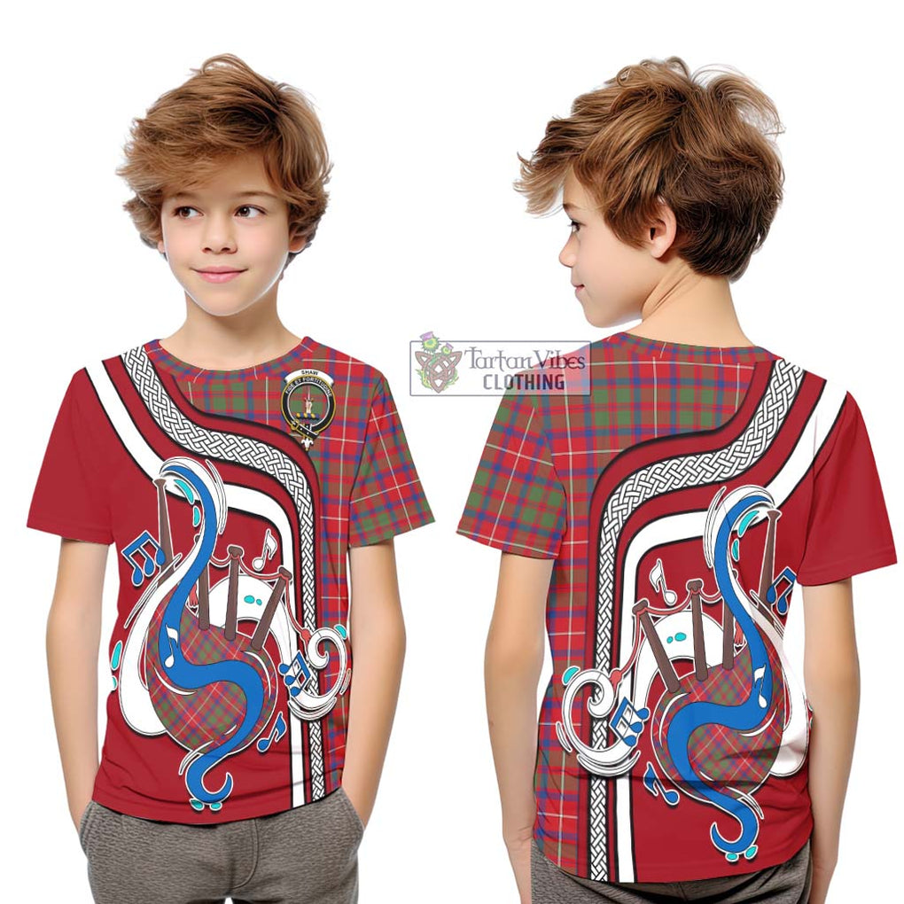 Tartan Vibes Clothing Shaw Red Modern Tartan Kid T-Shirt with Epic Bagpipe Style