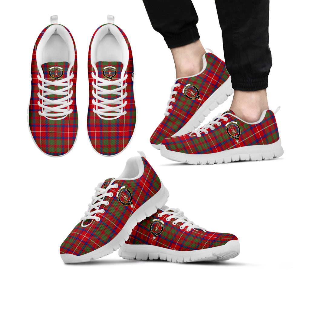 Shaw Red Modern Tartan Sneakers with Family Crest Kid's Sneakers - Tartan Vibes Clothing